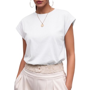 image:imageGRECERELLE Womens Summer White Tops Cap Sleeve Crew Neck Basic TShirt