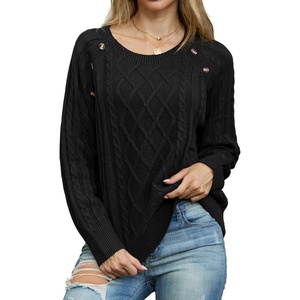 image:imageGRECERELLE Womens Sweaters Crewneck Bishop Long Sleeve Fall Oversized Knit Button Jumper TopsBlack