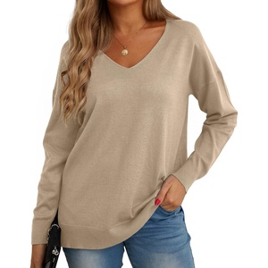 image:imageGRECERELLE Womens VNeck Long Sleeve Side Split Loose Casual Knit Pullover Sweater Blouse01 Khaki