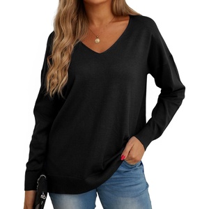 image:imageGRECERELLE Womens VNeck Long Sleeve Side Split Loose Casual Knit Pullover Sweater Blouse02 Black