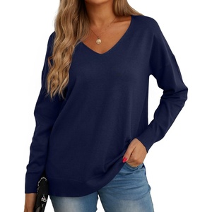image:imageGRECERELLE Womens VNeck Long Sleeve Side Split Loose Casual Knit Pullover Sweater Blouse05 Navy Blue
