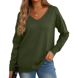 image:imageGRECERELLE Womens VNeck Long Sleeve Side Split Loose Casual Knit Pullover Sweater Blouse06 Army Green
