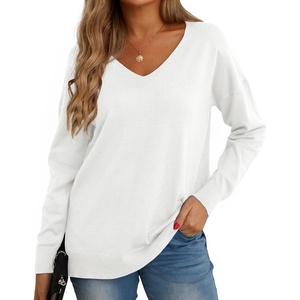 image:imageGRECERELLE Womens VNeck Long Sleeve Side Split Loose Casual Knit Pullover Sweater Blouse07 White