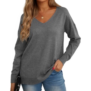 image:imageGRECERELLE Womens VNeck Long Sleeve Side Split Loose Casual Knit Pullover Sweater Blouse08 Dark Gray