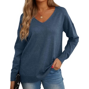 image:imageGRECERELLE Womens VNeck Long Sleeve Side Split Loose Casual Knit Pullover Sweater Blouse10 Blue Gray