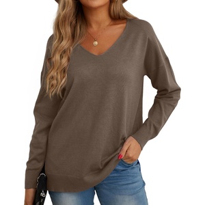 image:imageGRECERELLE Womens VNeck Long Sleeve Side Split Loose Casual Knit Pullover Sweater Blouse11 Dark Khaki