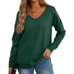 image:imageGRECERELLE Womens VNeck Long Sleeve Side Split Loose Casual Knit Pullover Sweater Blouse12 Dark Green