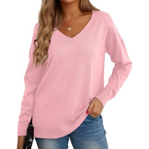 image:imageGRECERELLE Womens VNeck Long Sleeve Side Split Loose Casual Knit Pullover Sweater Blouse14 Pink