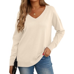 image:imageGRECERELLE Womens VNeck Long Sleeve Side Split Loose Casual Knit Pullover Sweater BlouseApricot