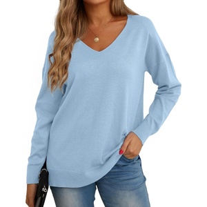 image:imageGRECERELLE Womens VNeck Long Sleeve Side Split Loose Casual Knit Pullover Sweater BlouseLight Blue