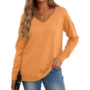 image:imageGRECERELLE Womens VNeck Long Sleeve Side Split Loose Casual Knit Pullover Sweater BlouseLight Orange