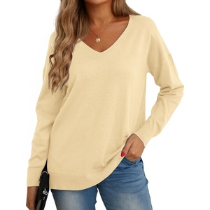 image:imageGRECERELLE Womens VNeck Long Sleeve Side Split Loose Casual Knit Pullover Sweater BlouseLight Yellow