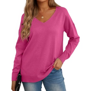 image:imageGRECERELLE Womens VNeck Long Sleeve Side Split Loose Casual Knit Pullover Sweater BlousePeach Red