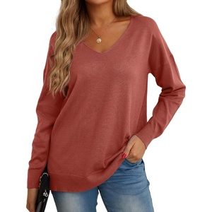 image:imageGRECERELLE Womens VNeck Long Sleeve Side Split Loose Casual Knit Pullover Sweater BlouseRusty Red