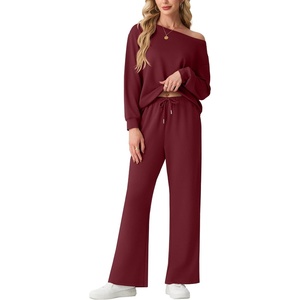 image:imageGRECERELLE 2026 Womens Athleisure Set Sweatshirt amp Wide Leg SweatpantsWine Red
